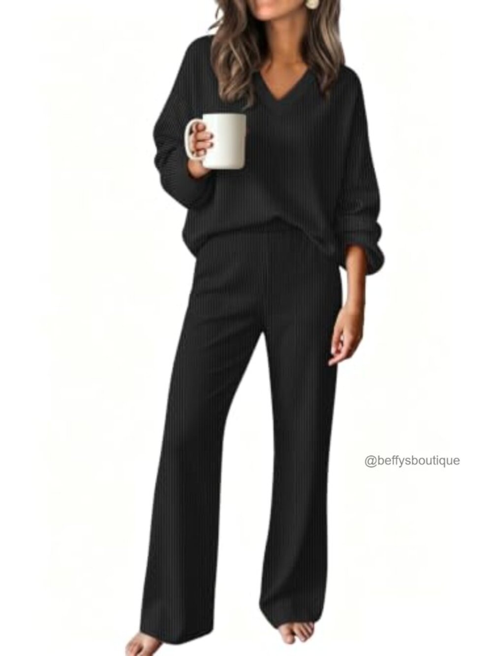 Ribbed Knit V Neck Long Sleeve Top Straight Leg Pants Lounge Set